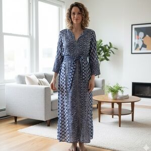 NWT Bell by Alicia Bell Sz S Silk Cotton Bohemian Belted Blue Printed Maxi Dress